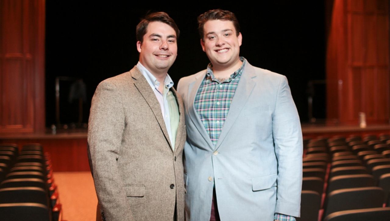 From left: University of Scranton and Scranton Preparatory School graduates Michael Flynn ’10 and Colin Holmes ’13 in Prep’s Bellarmine Theater prior to a Scranton Shakespeare Festival performance of “Measure for Measure.” The University and Prep partnered to provide housing and rehearsal and performance space for the Scranton Shakespeare Festival, providing a present-day example of the Jesuit tradition of support of the arts.