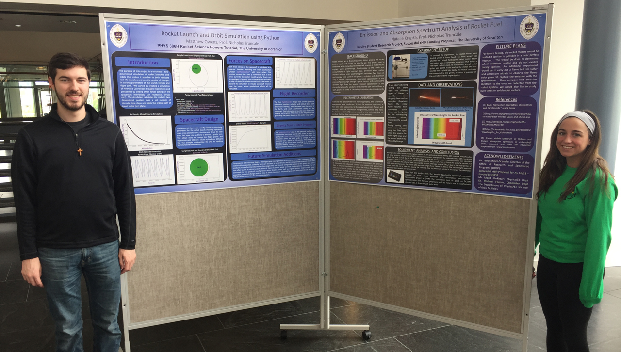 Matthews Owens and Natalie Krupka with their posters at the University of Scranton’s Office of Research and Sponsored Programs Celebration of Student Scholars, May 2017.