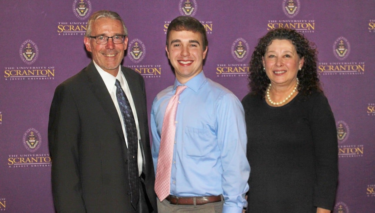 From left: Brian Conniff, Ph.D., dean of the College of Arts and Sciences; Zachary Fiscus, Scranton, who received the Rose Kelly Award for the College of Arts and Sciences and Judy Gruen, Fiscus’s high school math teacher from Scranton High School, Scranton.