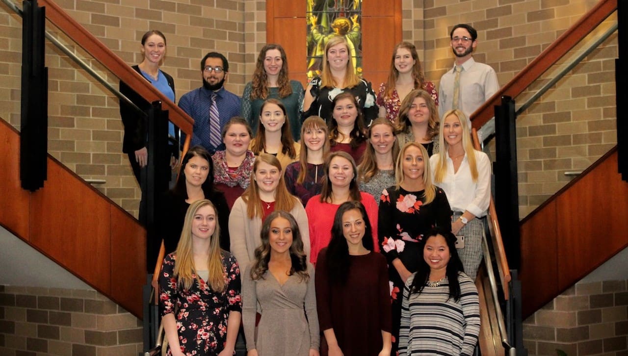 Twenty-two University of Scranton graduate and undergraduate education majors are serving as student teachers during the spring semester at nine area schools in seven school districts. First row, from left are: Aileen Moore, Briana Pugliese, Marissa F. DiBella and Mary H Brennan. Second row: Jessica Earley, Jessica T. Briante, Siena M. Cardamone and Emma Gilroy. Third row: Sadie Guthrie-Kretsch, Céline A. Langlard, Nicole M. DiVivo and Katelyn M. Talty. Fourth row: Jessica L. D’Aquila, Colleen R. Lange and Lauren Coggins. Fifth row: Jessica L. Muccigrosso, Micheal T. Ayres, Monica E. O’Malley, Samantha Wojcik, Christy Rose and Kevin M. Steinke. David W. Moss was absent from photo.
