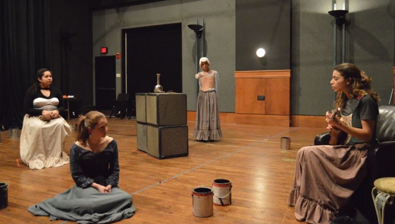 Rehearsing for The University of Scranton Players’ production of “The Moors” by Jen Silverman, which will run Mar. 1-4 are, from left: Sophia Cornejo, Ali Basalyga, Julia Consiglio and Shaye Santos.