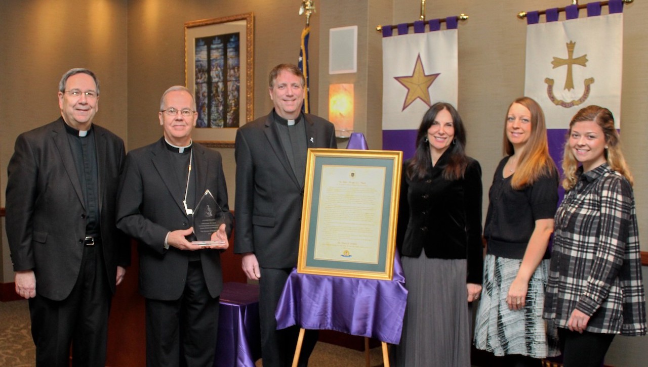 The University of Scranton presented its annual Pedro Arrupe, S.J., Award for Distinguished Contributions to Ignatian Mission and Ministry to the Diocese of Scranton at a ceremony on campus April 4. From left: Rev. Herbert B. Keller, S.J., interim president of The University of Scranton; Most Reverend Joseph C. Bambera, D.D., J.C.L., Bishop of Scranton; Rev. Patrick Rogers, S.J., executive director, The Jesuit Center; Rose Sebastianelli, Ph.D., professor of operations and information management; Rebekah Bernard, information and technology specialist, Office of Admissions; and Virginia Farrell ’20, a history major from Scranton.