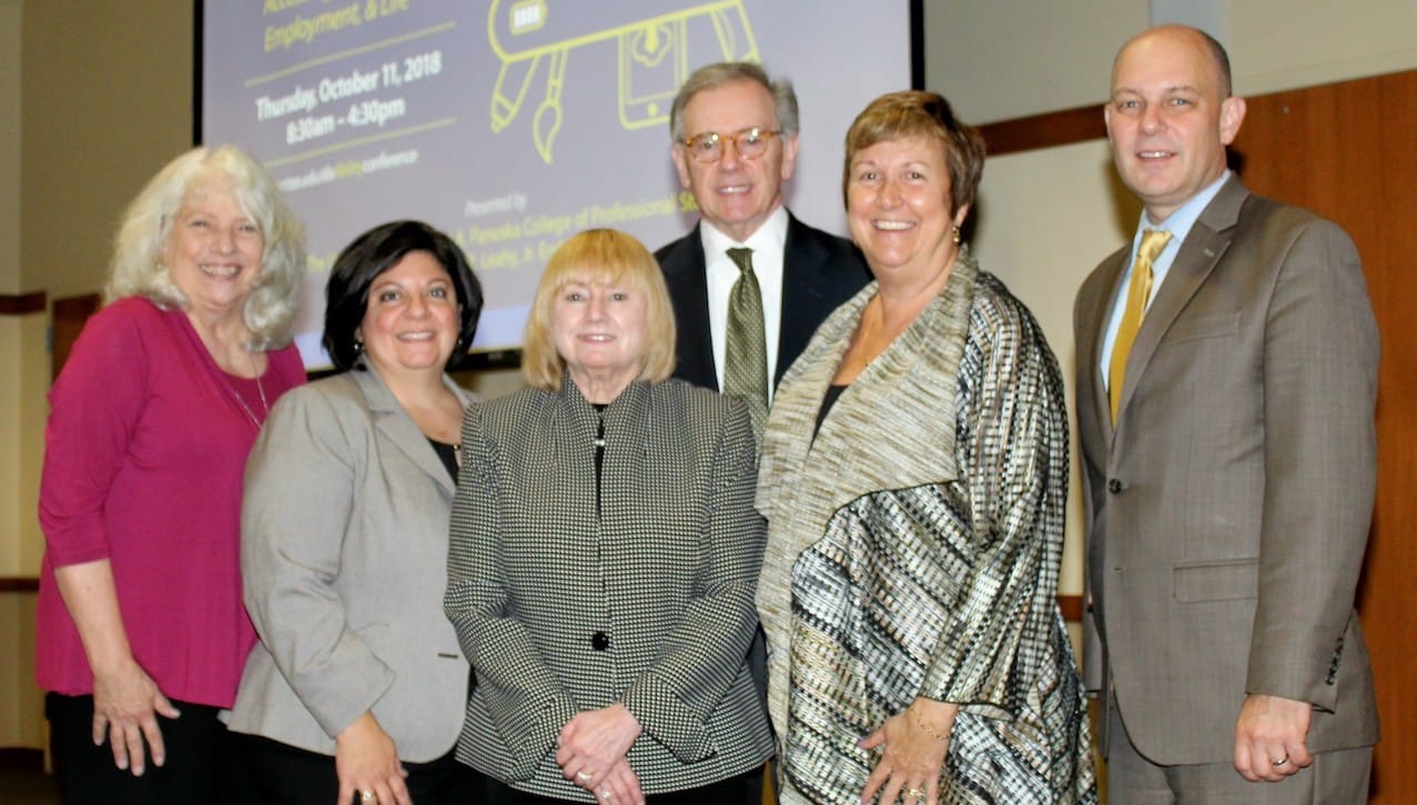 “Everyday Tools: Technology for Accessing Education, Employment and Life” was focus of The University of Scranton’s 17th Annual U.S. Conference on disAbility, which took place recently on campus. From left: From left: Lori Bruch, Ed.D., conference co-chair and chair of the Counseling and Human Services Department at the University; Rebecca Spirito Dalgin, Ph.D., conference co-chair and director of the rehabilitation counseling program at the University; Patricia and Edward R. Leahy, honorary conference co-chairs; Debra Pellegrino, Ed.D., dean of the University’s Panuska College of Professional Studies; and Jeff Gingerich, Ph.D., provost and senior vice president for academic affairs.