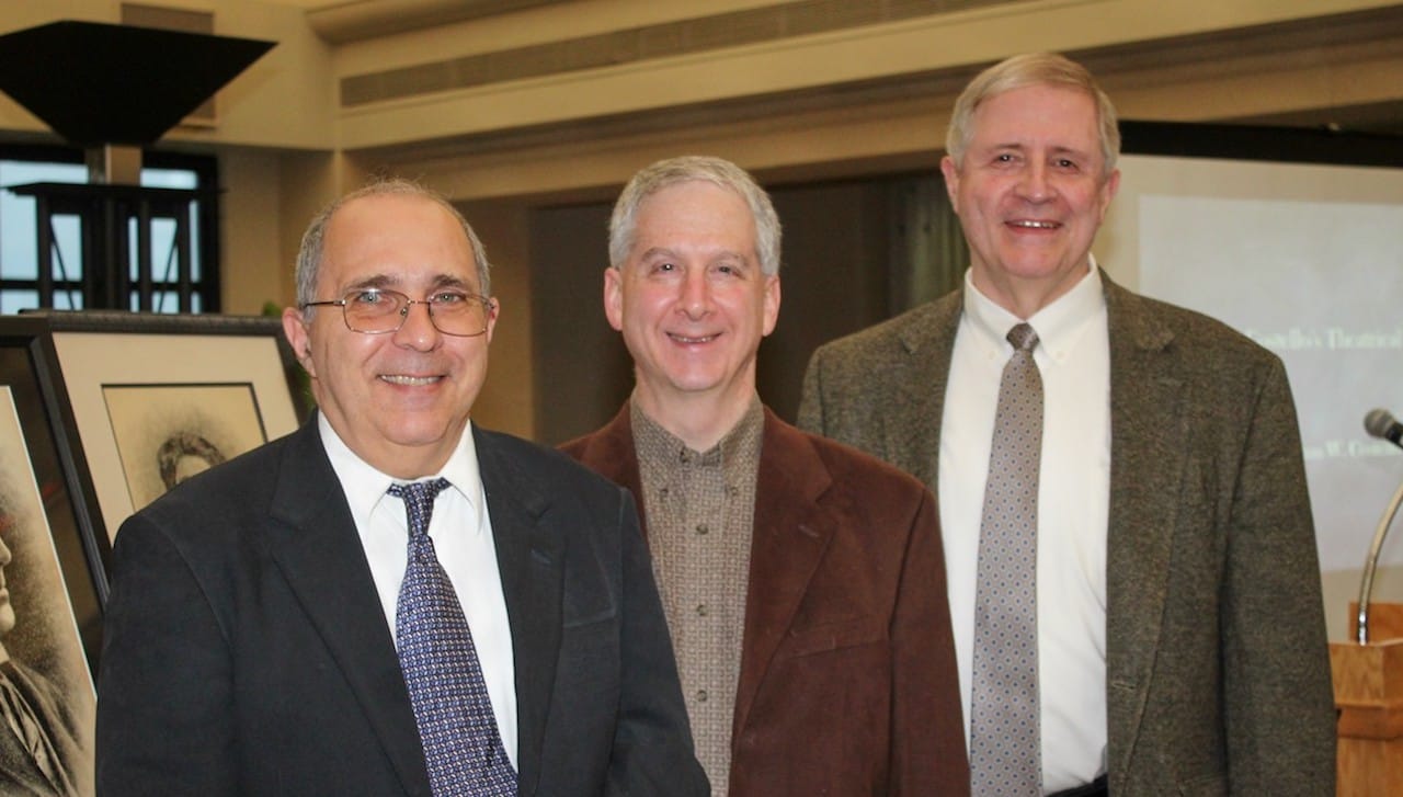 The University of Scranton hosted reception and presentation for the Weinberg Memorial Library’s exhibit “Distinguished for Their Talents – Theatrical Portraits by Scranton Master Penman P. W. Costello, 1905-1930.” From left are: Michael Knies, special collections librarian; and featured speakers Michael Friedman, Ph.D., professor English and theatre at the University, and Thomas W. Costello, great-grandson of P. W. Costello.