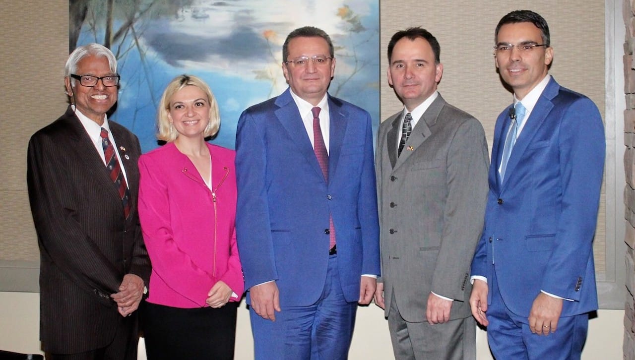 A performance of traditional Romanian music and dance followed a presentation by George Cristian Maior, Ambassador Extraordinary and Plenipotentiary of Romania to the United States, at the fifth annual Jay Nathan, Ph.D., Visiting Scholar Lecture Series held on campus in April. From left are: Dr. Nathan; Lulia Huiu, cultural attaché; Ambassador Maior; Eugeniu Grigorescu, director of the University’s Center for Teaching and Learning Excellence; and Dr. Remus Stefureac, who also spoke at the lecture.