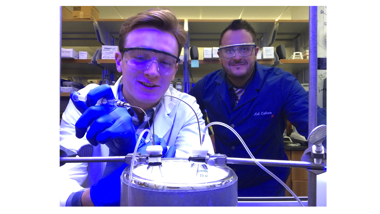 Dr. Arthur Catino and his group recently reported a general method to prepare tetraphenylmethanes that are used in OLEDs, organic solar cells, and hydrogen storage devices.  He is pictured alongside St. John Whittaker '20, an undergraduate student in his group and co-author on their recent study. 