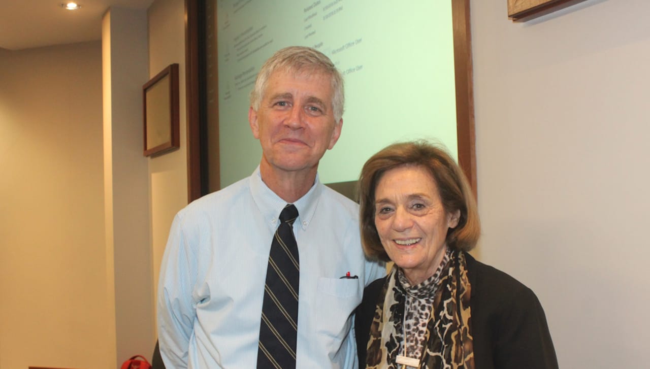 At the Schemel Forum’s University for a Day are, from left, speaker James Campbell, Ph.D., Edgar E. Robinson Professor in U.S. history at Stanford University, and Sondra Myers, director of the Schemel Forum.
