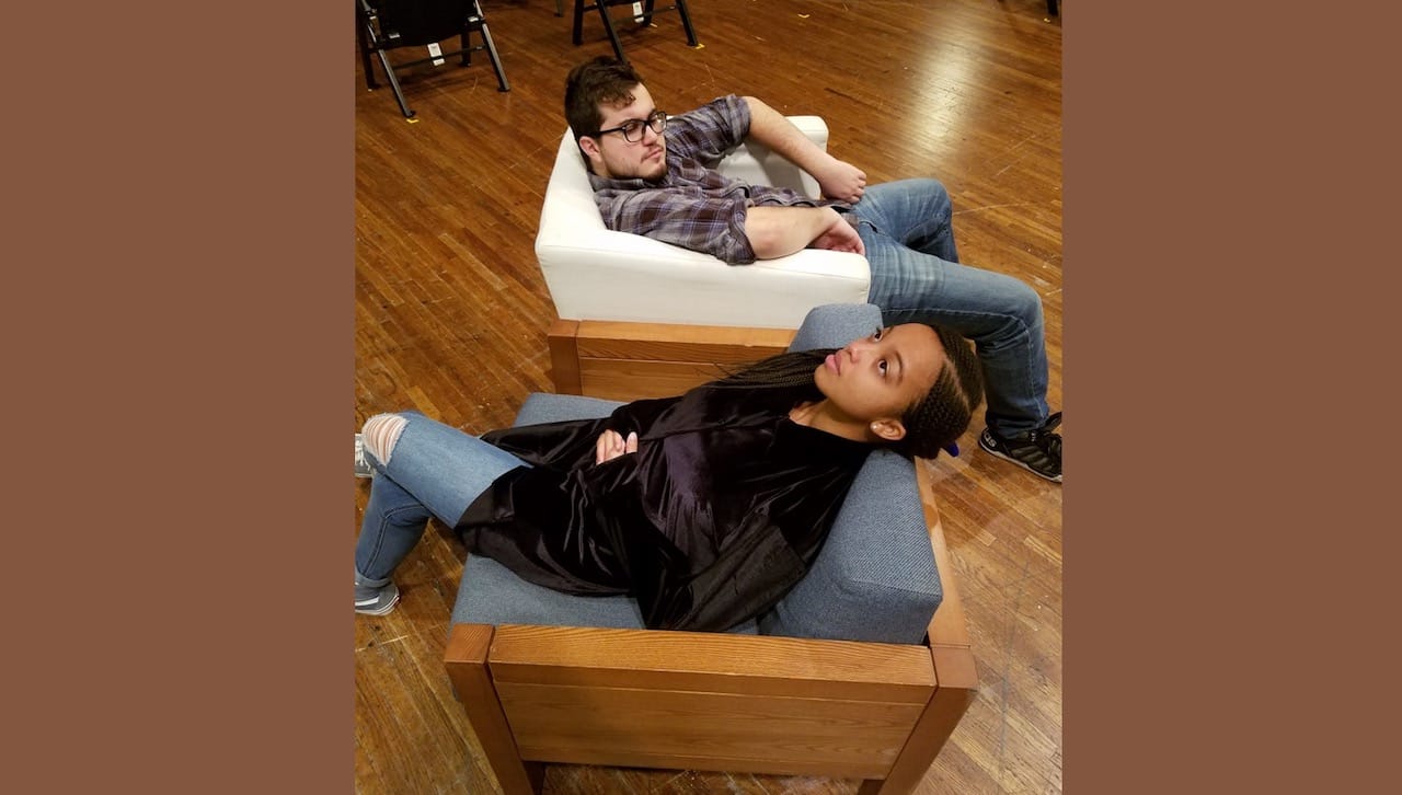 Rehearsing for The University of Scranton Players’ production of “The Beyoncé,” which will run Thursday through Sunday, Nov. 15-18, are Nia Moore (front) and Nicolas Gangone.