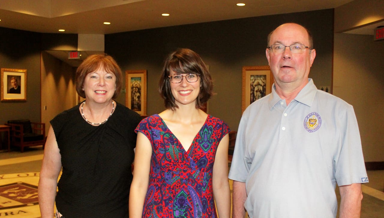 Gretchen J. Van Dyke, Ph.D., associate professor of political science, was selected as a Resident Scholar at the Collegeville Institute for Ecumenical and Cultural Research for the 2018-19 academic year. Pictured at the Lilly Fellows Program’s ninth cohort of graduate fellows summer conference, which was held at Scranton, are, from left: Dr. Van Dyke; University of Scranton graduate Sarah Neitz ’12, who is a member of the Lilly Fellows Program’s ninth cohort of graduate fellows; and University of Scranton President Scott R. Pilarz, S.J. Dr. Van Dyke serves as mentor for the cohort and as the University’s faculty representative to the Lilly Fellows Program.