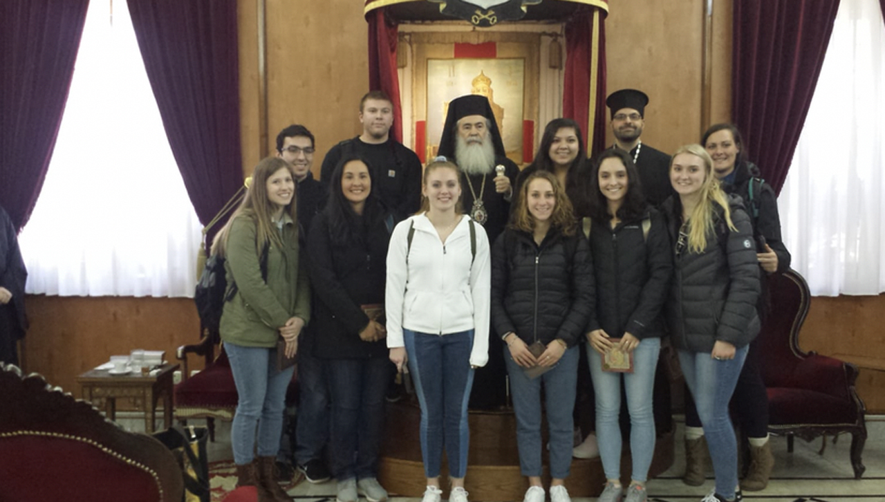 Batiz and his Christianity in the Middle East class with Greek Orthodox Patriarch Theophilos III in Old City Jerusalem.