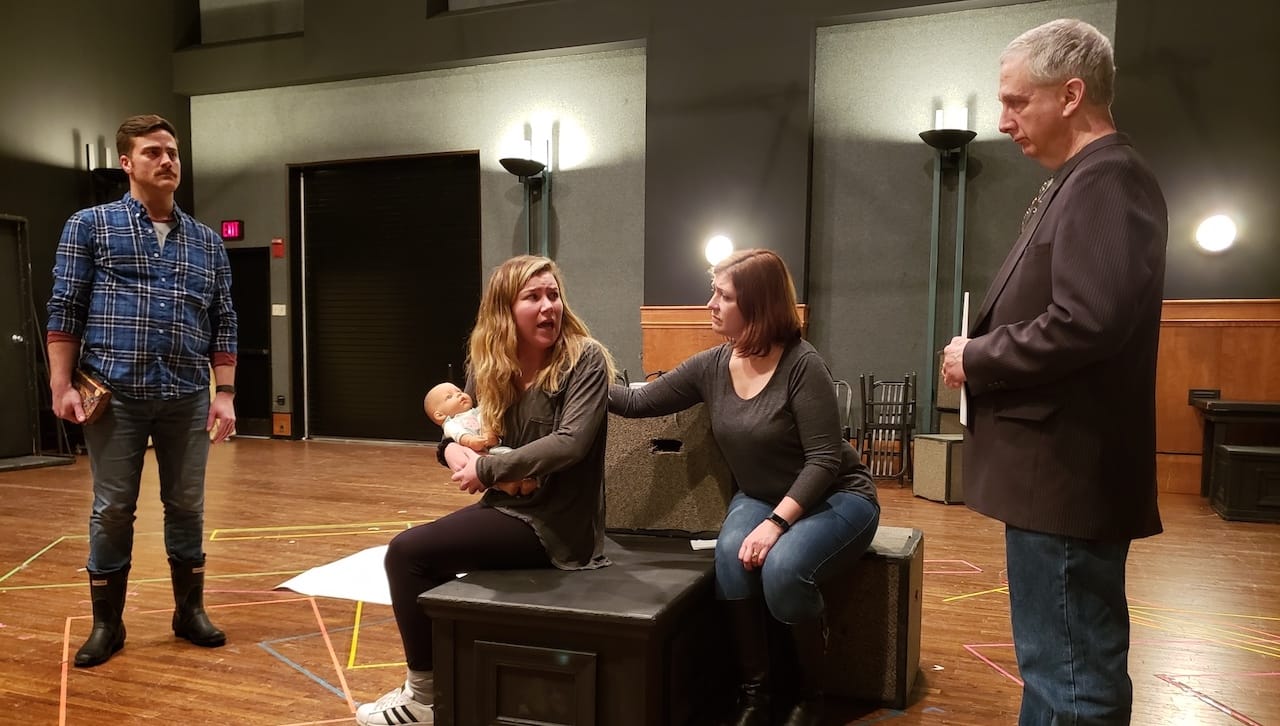 Rehearsing for The University of Scranton Players’ production of “Bright Star,” which will run Feb. 22-24 and March 1-3 are, from left, Werner Christensen, Reilly Charles, Amy Black and Michael Friedman, Ph.D.