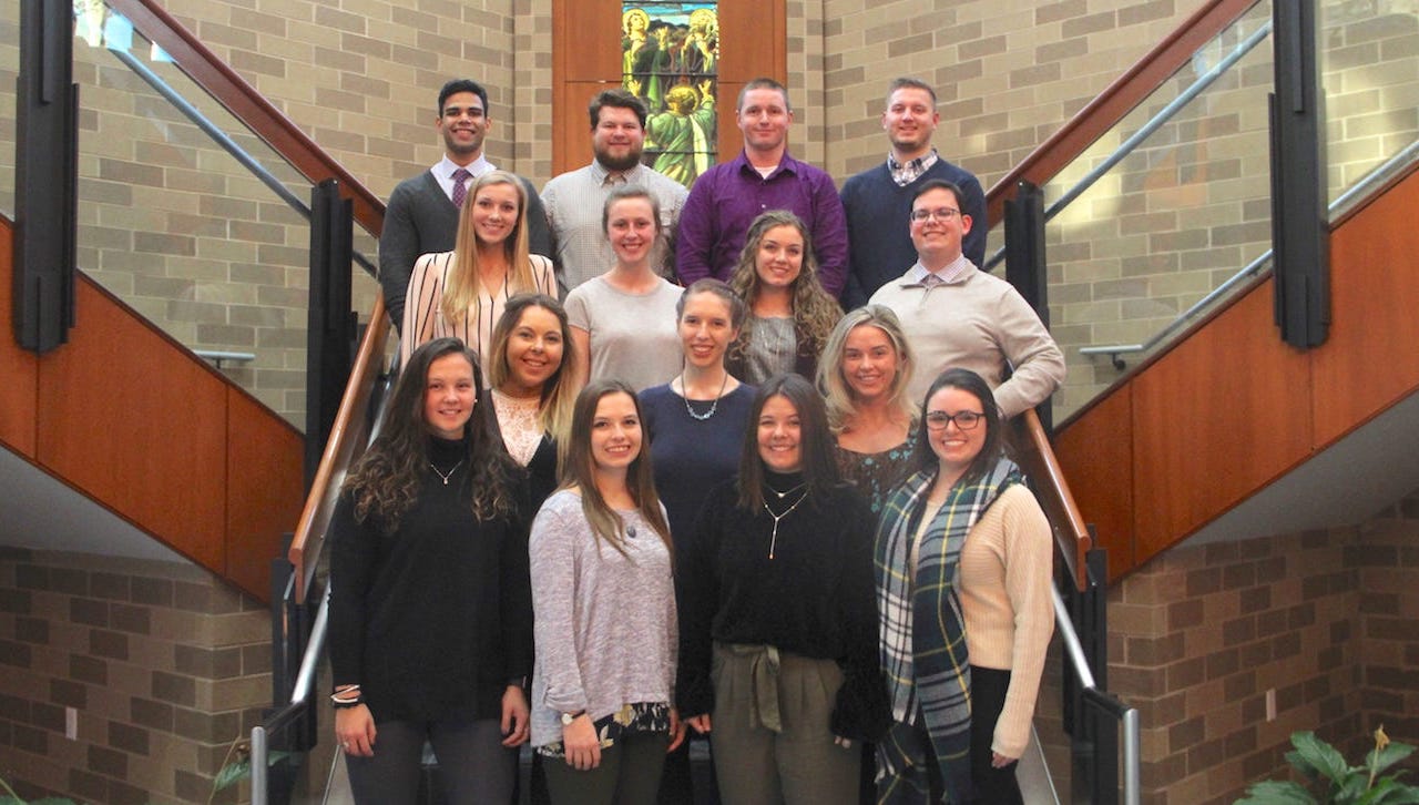 Nineteen University of Scranton education majors are serving as student teachers during the spring semester at eight different local schools. First row, from the left are: Cyan Scarduzio, Emily Carr, Emilie Tronoski and Devan Pecoraro. Second row, from the left are: Kaitlin Fivek, Jennifer Gold and Briana Cieszko. Third row, from the left are: Elizabeth Tolley, Erika Maxson, Amanda Iacono and Matthew Criscione. Fourth row, from the left are: Nate Goberdon, Thomas Doyle, Brian O’Connor and Richard Hembury. Absent from photo are: Courtney Boag, Caitlin Nicosia, Emma Percival and Rebecca Silverman.