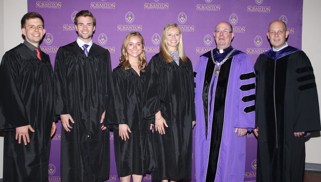 Frank J. O’Hara Awards for General Academic Excellence were presented to members of The University of Scranton’s class of 2019 with the highest GPA in each of the University’s colleges at Class Night on campus. From left: O’Hara Award recipients Daniel T. Muenkel, Samuel John Morano, Laura Elizabeth Freedman and Kellie Rebecca Smigel; Rev. Scott R. Pilarz, S.J., president; and Jeff Gingerich, Ph.D., provost and senior vice president for academic affairs.