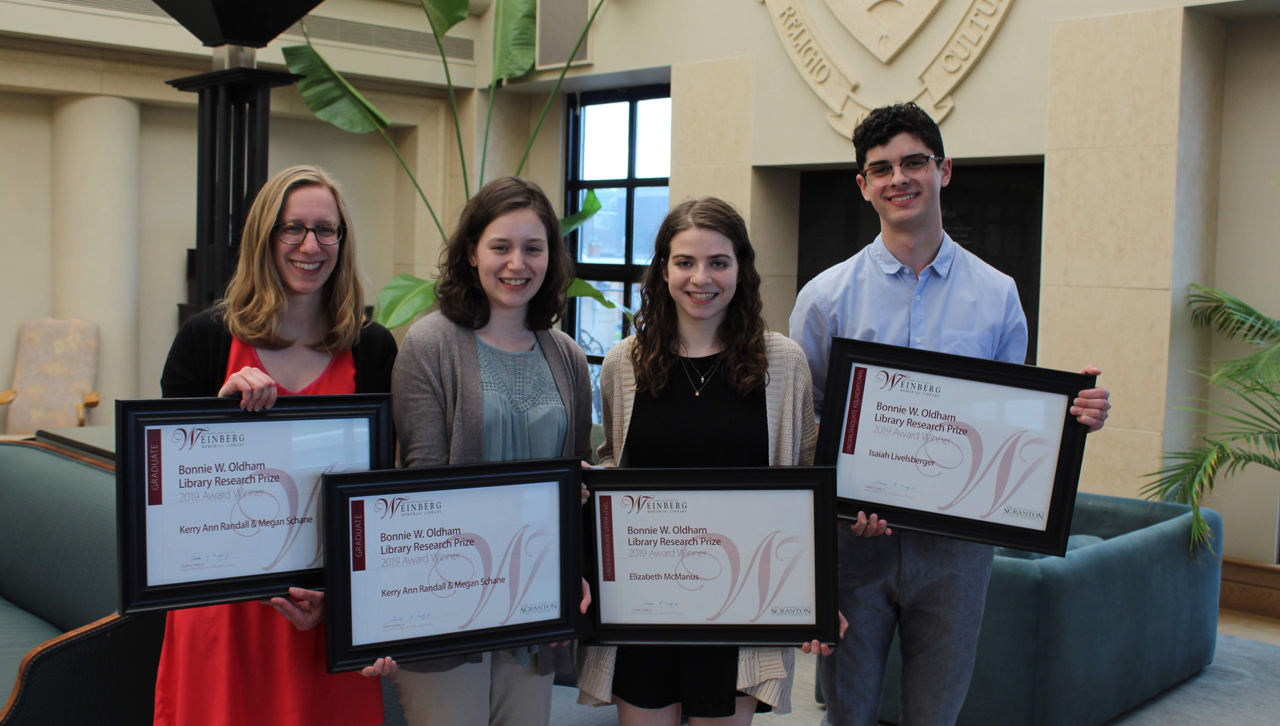 From left: 2019 Bonnie W. Oldham Library Research Prize Winners Kerry Ann Randall, Megan Schane, Elizabeth McManus, and Isaiah Livelsberger