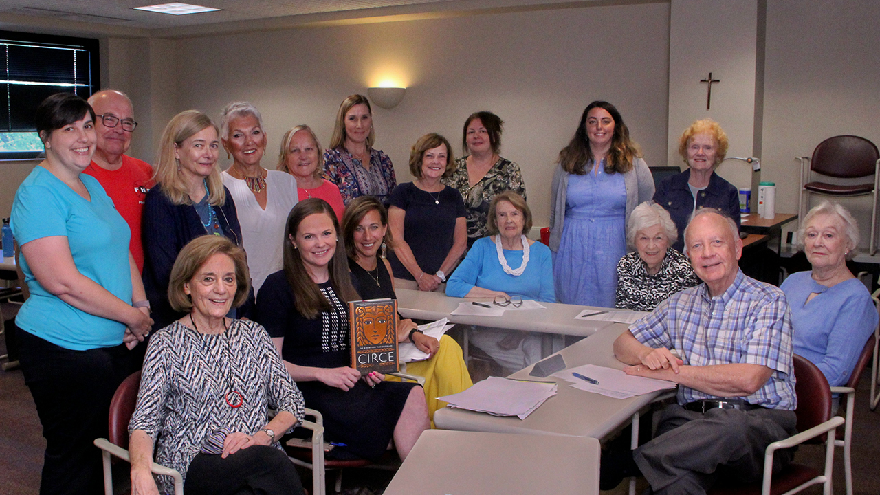 The author “Circe” and “The Song of Achilles,” Madeline Miller, will receive the 2019 Royden B. Davis, S.J., Distinguished Author Award from The University of Scranton’s Friends of the Weinberg Memorial Library on Saturday, Oct. 5, in the McIlhenny Ballroom of the DeNaples Center. Seated, from left, are Distinguished Author Award committee members: Sondra Myers, senior fellow and director of the Schemel Forum; Kara Stone, Ph.D.; Eloise Butovich, leadership gift officer; Jane Oppenheim; Violet Kelly; Charles E. Kratz, dean of the library and information fluency; and Mary McDonald. Standing: Sheli Pratt-McHugh, assistant dean of the library; Roy Domenico, Ph.D., professor of history; Narda Tafuri, associate professor, library; Annmarie Fetsko; Barbara Evans, circulation/access service clerk for the library; Kym Fetsko, administrative assistant for the library; Betsey Moylan, professor emeritus: Jennifer Pennington, administrative assistant, Office of Equity and Diversity; Rosemary A. Shaver; and Denise Gilroy.
