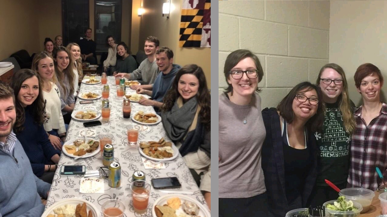 Left photo: Friendsgiving attended by Zoë Haggerty and Mary McCafferty. Right photo: From left: Ward, Danielle Abril, Devin Ball and Cara Knieser.