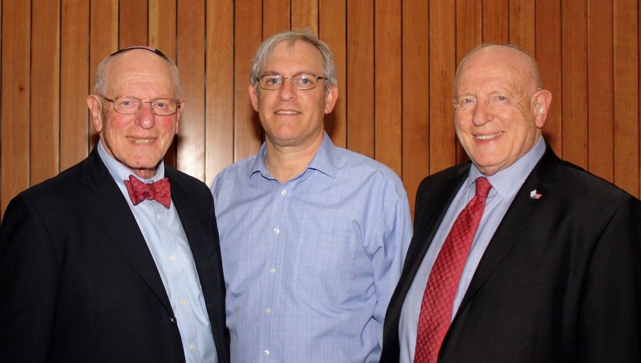 Bernard Schanzer, M.D., (left) and Henry Schanzer, J.D., (right) presented “A Twin Tale of Survival in the Holocaust” for the Judaic Studies Institute Lecture at The University of Scranton in November. The brothers are pictured with Marc Shapiro, Ph.D., professor of theology/religious studies and the Weinberg Chair of Judaic Studies at the University.