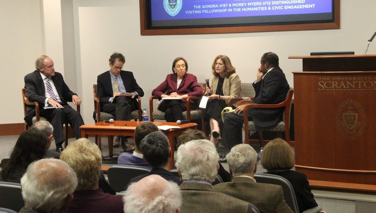 Panelists Judge Michael Barrasse, J.D.; David Cole, J.D.; Marcia Greenberger, J.D.; and Nomi Stolzenberg, J.D.; with moderator Joel Kemp, J.D., Ph.D., discussed the law’s role in addressing the crisis of democracy in “The Crisis of Democracy Today: What Can the Humanities, Law, and Civic Activism Do to Address the Challenge?” three-part panel discussions that were part of the University’s Sondra H’87 and Morey Myers H’12 Distinguished Visiting Fellowship in the Humanities and Civic Engagement launch