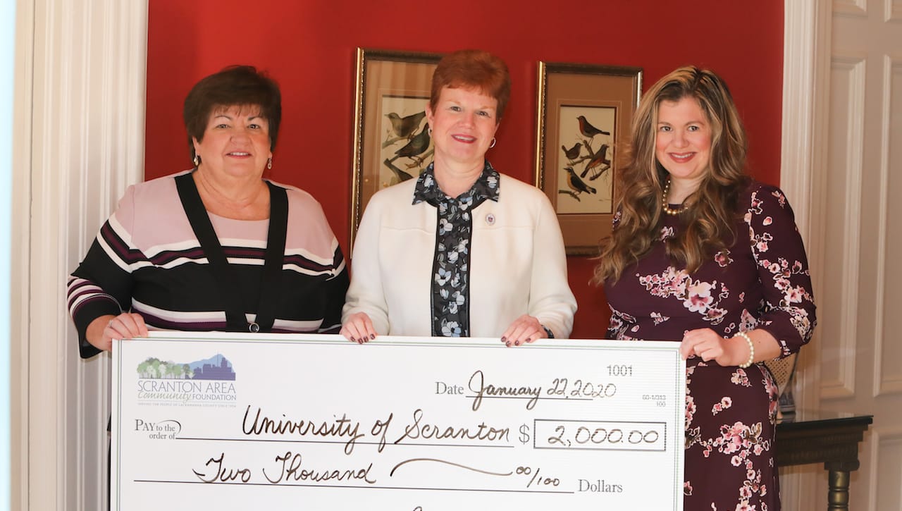 The University of Scranton received a $2,000 grant from The Scranton Area Community Foundation to support the Schemel Forum’s University for a Day program. From left are: Cathy Fitzpatrick, grant and scholarship manager, the Scranton Area Community Foundation; Meg Hambrose, director of corporate and foundation relations at The University of Scranton; and Laura Ducceschi, president and CEO, the Scranton Area Community Foundation.