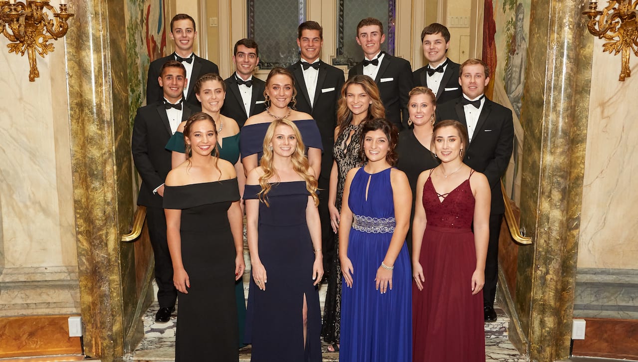 Pictured are members of the Business Leadership Honors Program, which is one of Scranton’s programs of excellence, at the October 2019 President’s Business Council (PBC) Award Dinner in Manhattan. First row, from left: Brianna Stein, Mary McCafferty, Juliette Porcelli and Amanda Fatovic. Second row: Sotirios Econopouly, Hannah Tracy, Marcella Creasy, Kayla Marsac, Colleen Rohr and Kyle Ascher. Back row: Nathan Koziol, Daniel Buzzerio, Kevin Bronander, Patrick Budicini and Andrew Platt.