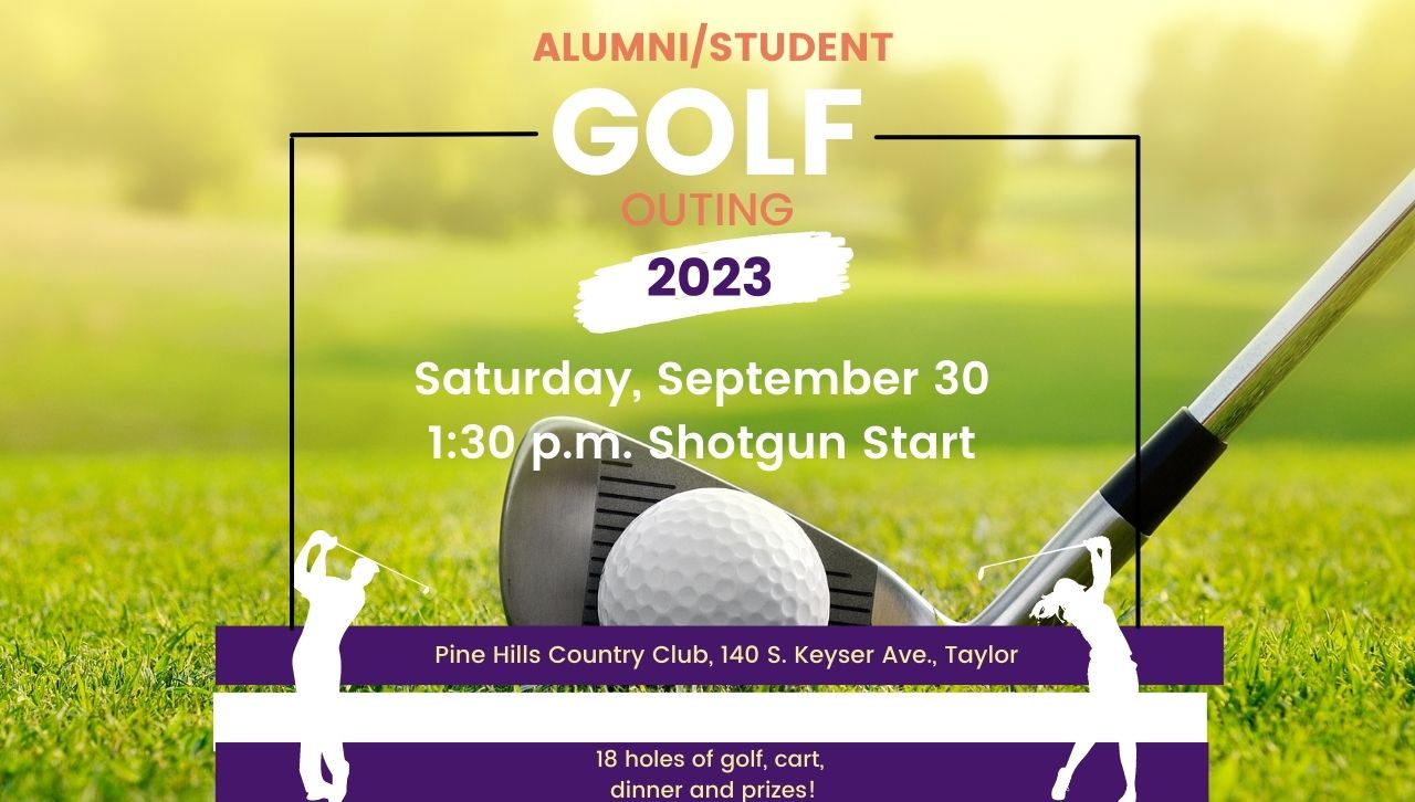 A graphic advertising the Alumni/Student Golf Outing.