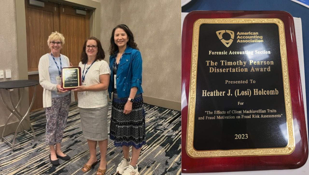 Heather (Losi) Holcomb, Ph.D. '21, center, receives the American Accounting Association (AAA) Timothy Pearson Best Dissertation Paper Award for 2023. 