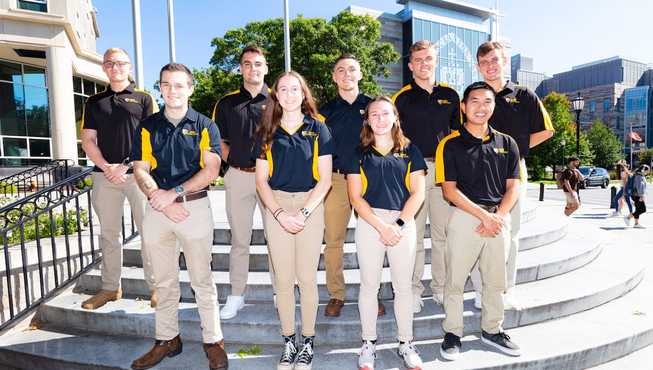 Ten University of Scranton ROTC cadets participated in highly-competitive summer leadership training programs. Only approximately ten percent of cadets nationwide have the opportunity to participate in these selective programs. First row, from left: Conan O’Donnell, Allison Palmer, Jenna Leonhardt and Joseph Lynch. Second row: Aidan Szabo, Evan Rosa, Caleb Grossman, Ryan Lally and Xavier Long. Caroline Shaffern was absent from photo.