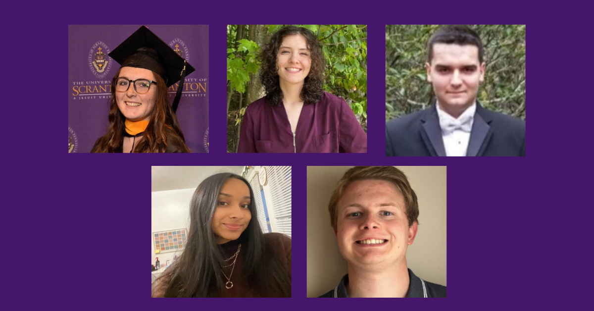 Five students selected as the inaugural cohort of Noyce Scholars for The University of Scranton academic year 2023-2024 are shown, clockwise from top left: Makenzie Bell, Nina Bowen, Matthew Byrnes, Jacob Vituszynski and Gracie Silva. The National Science Foundation (NSF) Noyce Scholarship Program addresses the critical need for recruiting, preparing, and retaining highly effective elementary and secondary mathematics and science teachers and teacher leaders in high-need school districts.