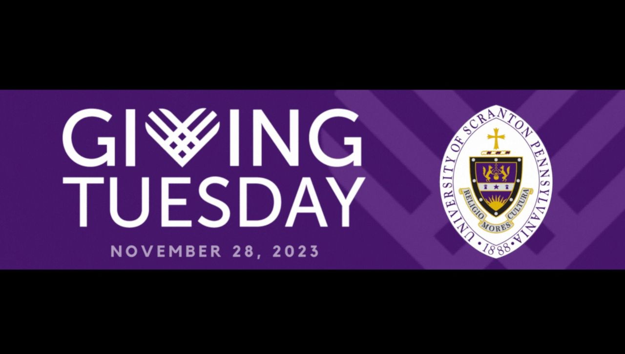 A graphic reading "Giving Tuesday, November 28, 2023," juxtaposed against the seal of The University of Scranton.