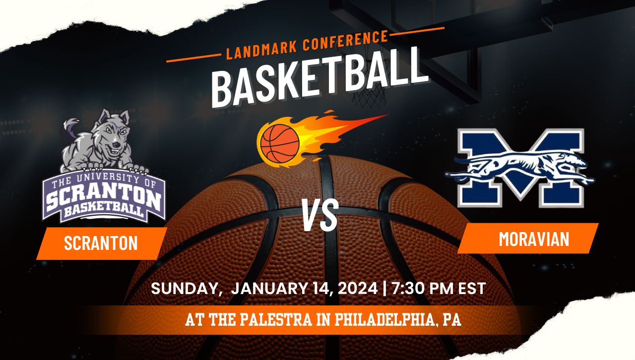 A graphic advertising a men's basketball game between The University of Scranton Royals and Moravian College Jan. 14 at the Palestra in Philadelphia.