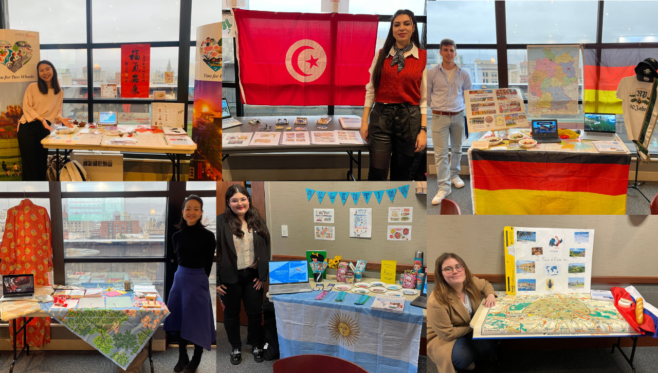 Six of the 2023-2024 Fulbright teaching assistants, graduate assistants and visiting instructors are shown presenting at a March 5 World Language Day event. Top row, from left: Yun (Lily) Chiang - Taiwan (Chinese), Rahma Baklouti - Tunisia (Arabic) and Joshua Hartmann - Germany (German). Bottom row: Naoko Omori - Japan (Japanese), Sheila Mignolet - Argentina (Spanish) and Héloïse Vérissi - France (French).