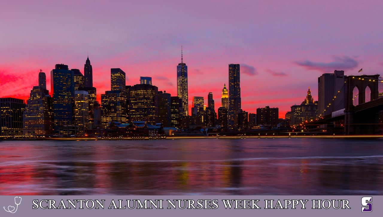 The New York City skyline at twilight.