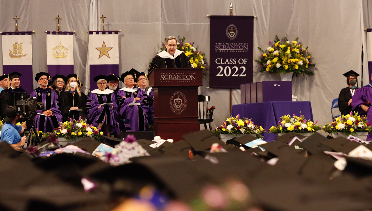 The University of Scranton conferred more than 850 bachelor’s degrees at its undergraduate commencement ceremony on May 21. Degrees were conferred to graduates who had completed their academic degree requirements in August and December of 2021, as well as January and May of 2022. (Pictured: Rev. Herbert B. Keller, S.J., vice president for Mission and Ministry at Scranton, who served as the principal speaker.)