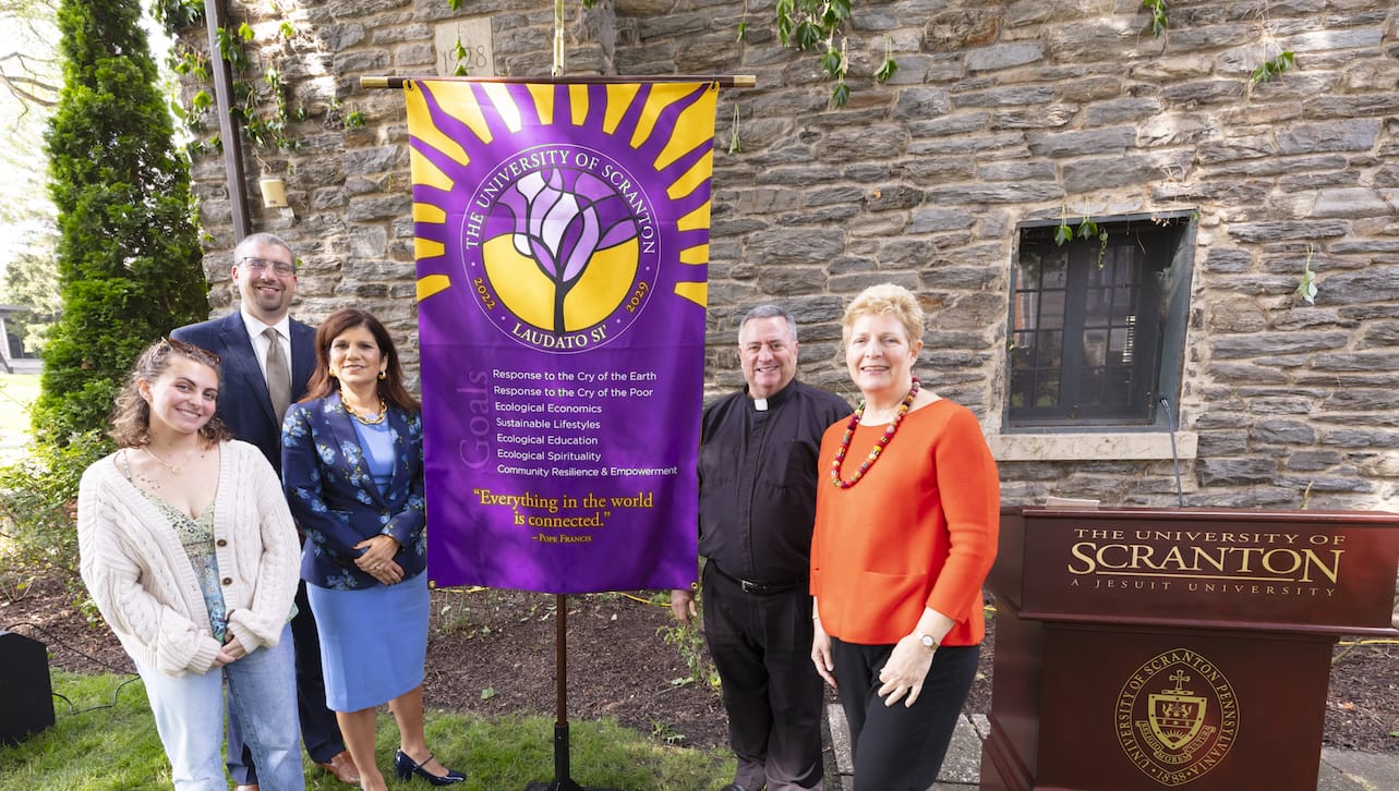 In answer to the call by Pope Francis to “Care for Our Common Home,” The University of Scranton unveiled its seven-year plan to become designated as a Laudato Si’ University by the Vatican at an event on campus on Sept. 19. Speaking at the event were, from left: Karla Shaffer, Student Government president and a senior political science major at Scranton; Daniel Cosacchi, Ph.D., vice president for mission and ministry and co-chair of the University’s Laudato Si’ Initiative; Michelle Maldonado, Ph.D., provost and senior vice president for academic affairs and co-chair of the University’s Laudato Si’ Initiative; Rev. Joseph Marina, S.J., president; and Janice Voltzow, Ph.D., professor and chair of the Biology Department.