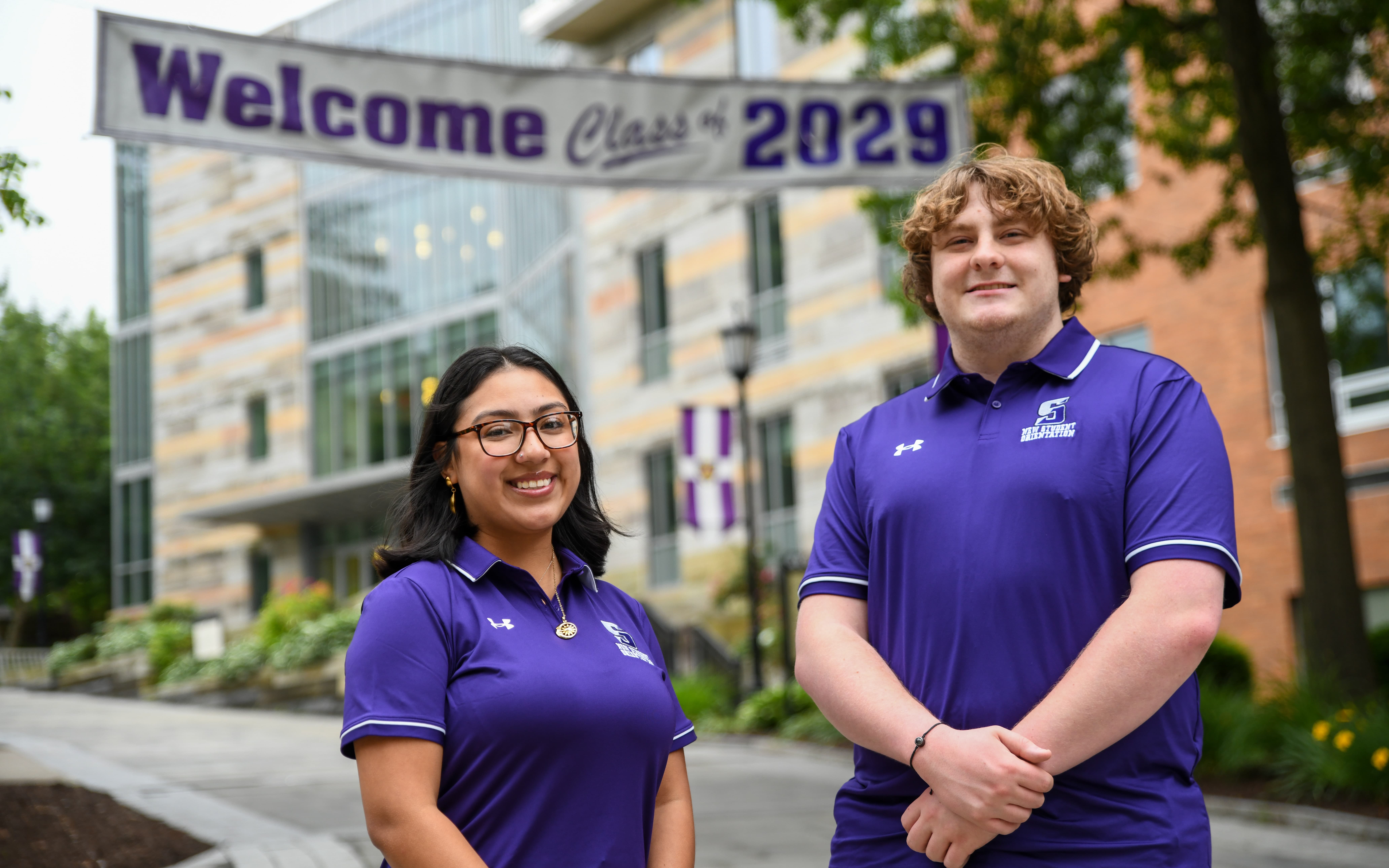 The University of Scranton officially welcomes the class of 2029 to campus with two-day New Student Orientation sessions, beginning Monday, June 23. This year’s Student Orientation Team Leaders are Daylene Marin Garzon ’26, left, and Connor Farrington ’27.