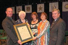 Pictured at the presentation of the 11th annual John L. Earl III Award are, from left: University of Scranton President Rev. Scott R. Pilarz, S.J., Pauline Earl, wife of the late John Earl; Karen Earl Kolon, M.D., daughter of the late John Earl; Linda Ledford-Miller, Ph.D., Earl Award recipient, chair and professor of world languages and cultures; and Harold Baillie, Ph.D., provost and vice president for academic affairs.