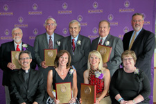 The University of Scranton honored eight individuals with the Frank J. O’Hara Award at the University’s Reunion 2012 O’Hara Award Ceremony. Pictured are, seated, from left, University President Kevin P. Quinn, S.J.; Ellen Duggan Pappert, class of 1987, recipient of the O’Hara Award for community service; Mary Beth Hamorski, V.M.D., class of 1982, recipient of the O’Hara Award for medicine; and Judith C. Dunn, Esq., class of 1977, recipient of the O’Hara Award for law. Standing, from left, are Richard H. Passon, Ph.D., recipient of the O’Hara Award for university service; Lee A. DeHihns, III, Esq., class of 1967, recipient of the O’Hara Award for law; Francis G. Tracy, class of 1952, recipient of the O’Hara Award for education; Neil Fogliani, class of 1961, receiving the O’Hara Award for government service in place of posthumous recipient James M. Basta class of 1961, and Thomas Grech, class of 1984, president of the University’s Alumni Society. 