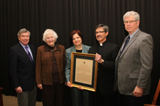 Pictured at the presentation of The University of Scranton annual John L. Earl III Award, from left, are: Harold Baillie, Ph.D., provost and senior vice president for academic affairs; Pauline Earl, wife of the late John Earl, Ph.D.; Marian Farrell, Ph.D., Earl Award recipient, professor of nursing; University of Scranton President Kevin P. Quinn, S.J.; and Kevin Nordberg, Ph.D., past Earl Award recipient and professor of philosophy.  
