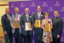 The University of Scranton presented Frank J. O’Hara Awards to five alumni at Reunion 2013. At the award ceremony are, from left, Tom Grech ’84, president of the University’s Alumni Society, Patrick W. Shea Esq. ’78, Michael D. DeMichele, Ph.D. ’63 Joseph P. Bannon, M.D.’83, Kathleen Sprows Cummings, Ph.D. ’93, and University of Scranton President Kevin P. Quinn, S.J. O’Hara Award recipient James F. Duffy, S.J., M.D. ’88 is not pictured.