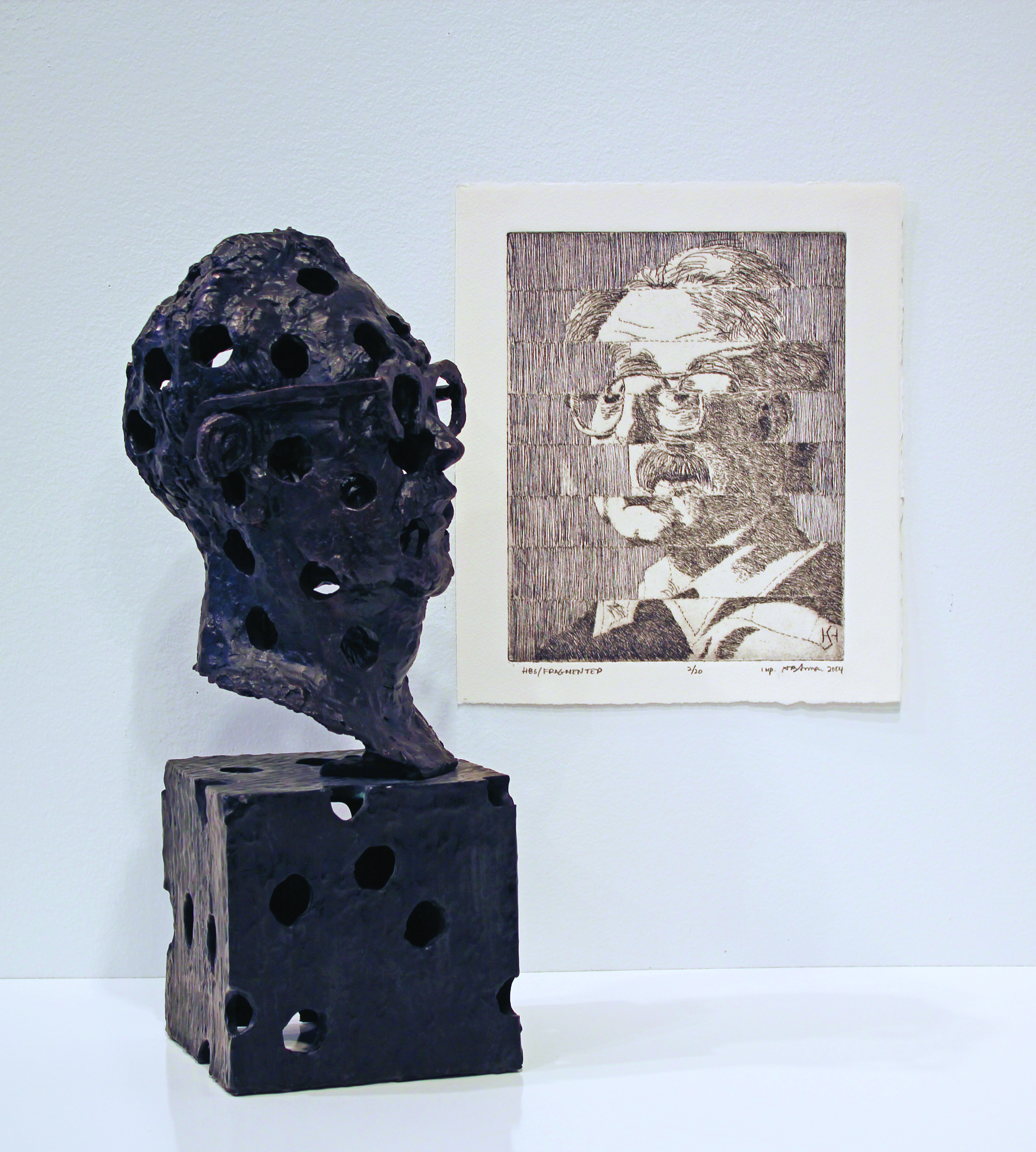“Head III and HBS/Fragmented,” a bronze sculpture and etching by Northeast Pennsylvania artist Herbert Simon are among the pieces on display from Monday, Sept. 8, until Friday, Oct. 10, in the exhibit “Object and Image: Sculptures and Prints by Herbert Simon 1960-2014” at The University of Scranton’s Hope Horn Gallery.