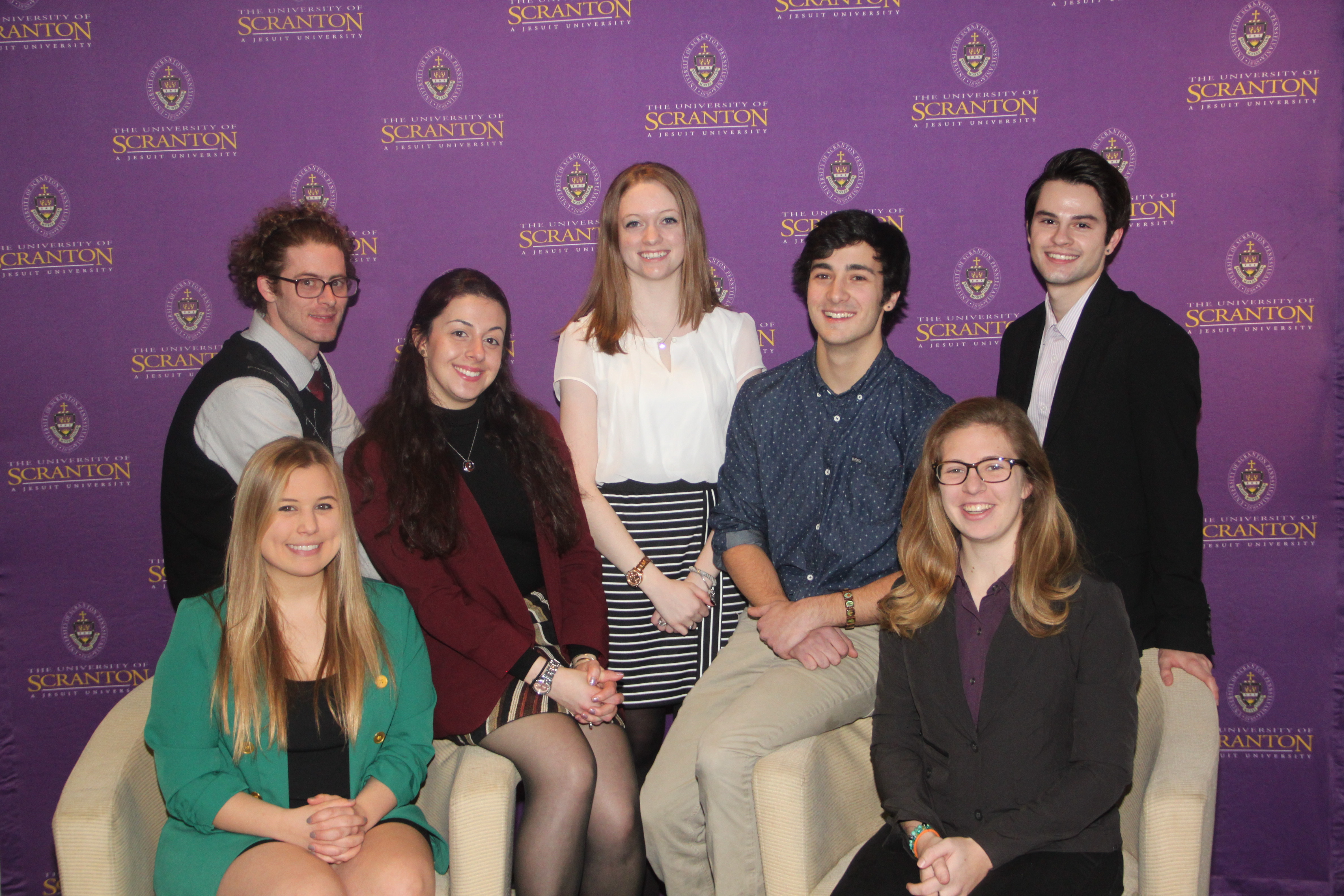 Seven University of Scranton students participated in the American Advertising Federation’s National Student Advertising Competition. The team placed fifth in District 2 of the national competition. Seated in front row, from left, are Scranton’s 2016 Advertising Competition Team members Carly Murphy and Amy Verdonik. Back row are: Jedediah Stewart, Amelia Cheikhali, Karen Mennella, Zachary Arkins and Julian Wilusz.