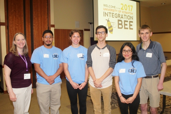 From left are: Stacey Muir, Ph.D., associate professor of mathematics at The University of Scranton; and finalists in the high school division of the University’s Math Integration Bee Isai Martinez, Megan Reed, Steven Simpkins (winner of the Integration Bee’s high school division) and Maria Aliaga, all from Hazleton Area High School; and Connor McGowan from Wyoming Seminary Preparatory School.