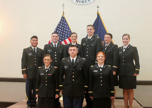 Nine 2017 ROTC graduates from area colleges, including six from The University of Scranton, were commissioned as second lieutenants in the U.S. Army during a ceremony held on Scranton’s campus in May. Front row, from left: 2nd Lt. Margaret Kuchinski, 2nd Lt. Daghan Hart and 2nd Lt. Christi Bambach. Back row: University of Scranton graduates 2nd Lt. James A. Samson, 2nd Lt. Ryan Patrick Walsh, 2nd Lt. Emily E. Carmody, 2nd Lt. Carson Earl Clabeaux, 2nd Lt. Sarah Ann Thomas, and 2nd Lt. Tara M. Demko.