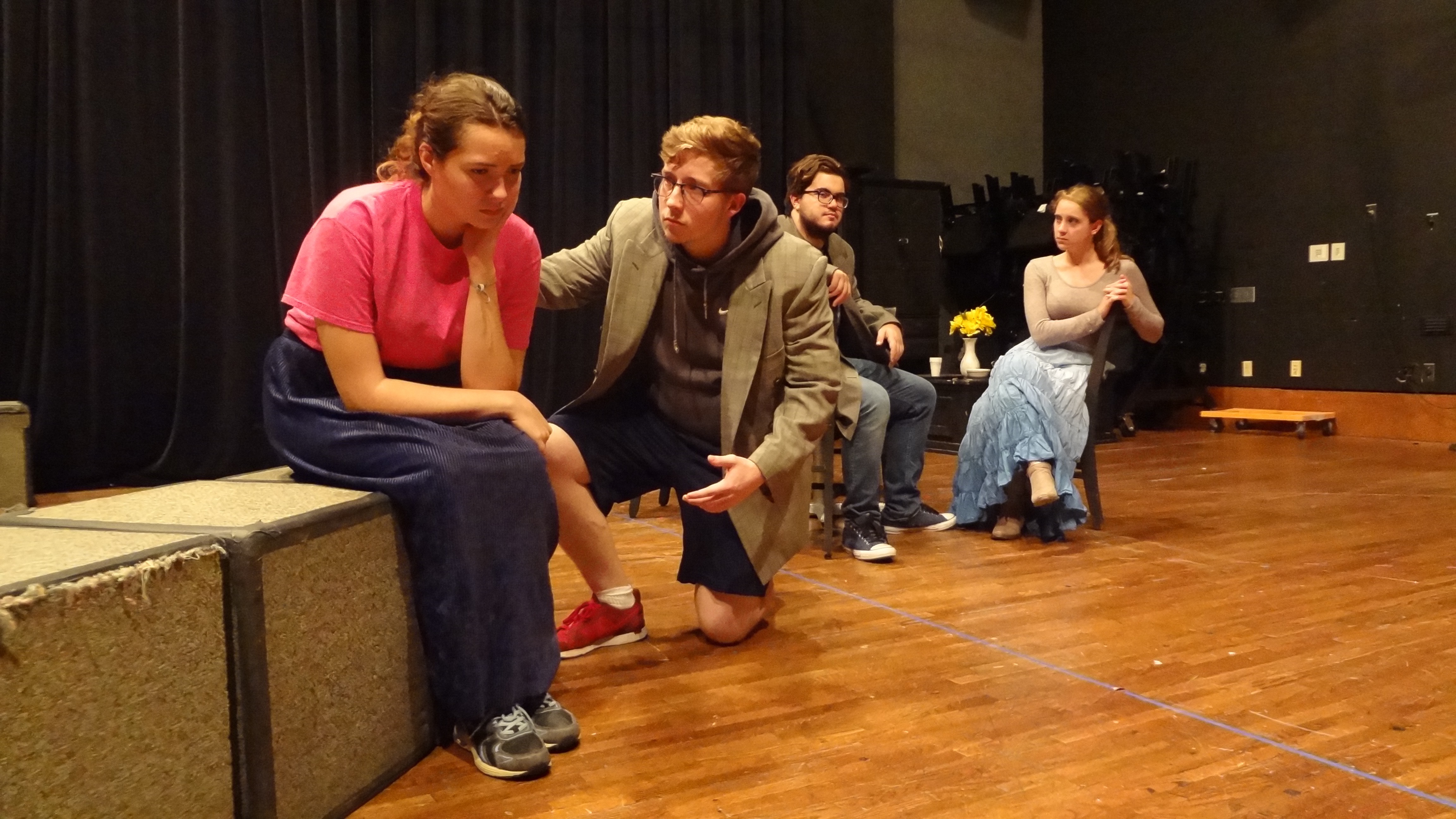 Rehearsing for The University of Scranton Players’ production of Tennessee Williams’ play “The Glass Menagerie,” which will run Sept. 22-24 and Sept. 29-Oct. 1, are, from left: Victoria Pennington, Conor Hurley, Nicolas Gangone and Ali Basalyga.