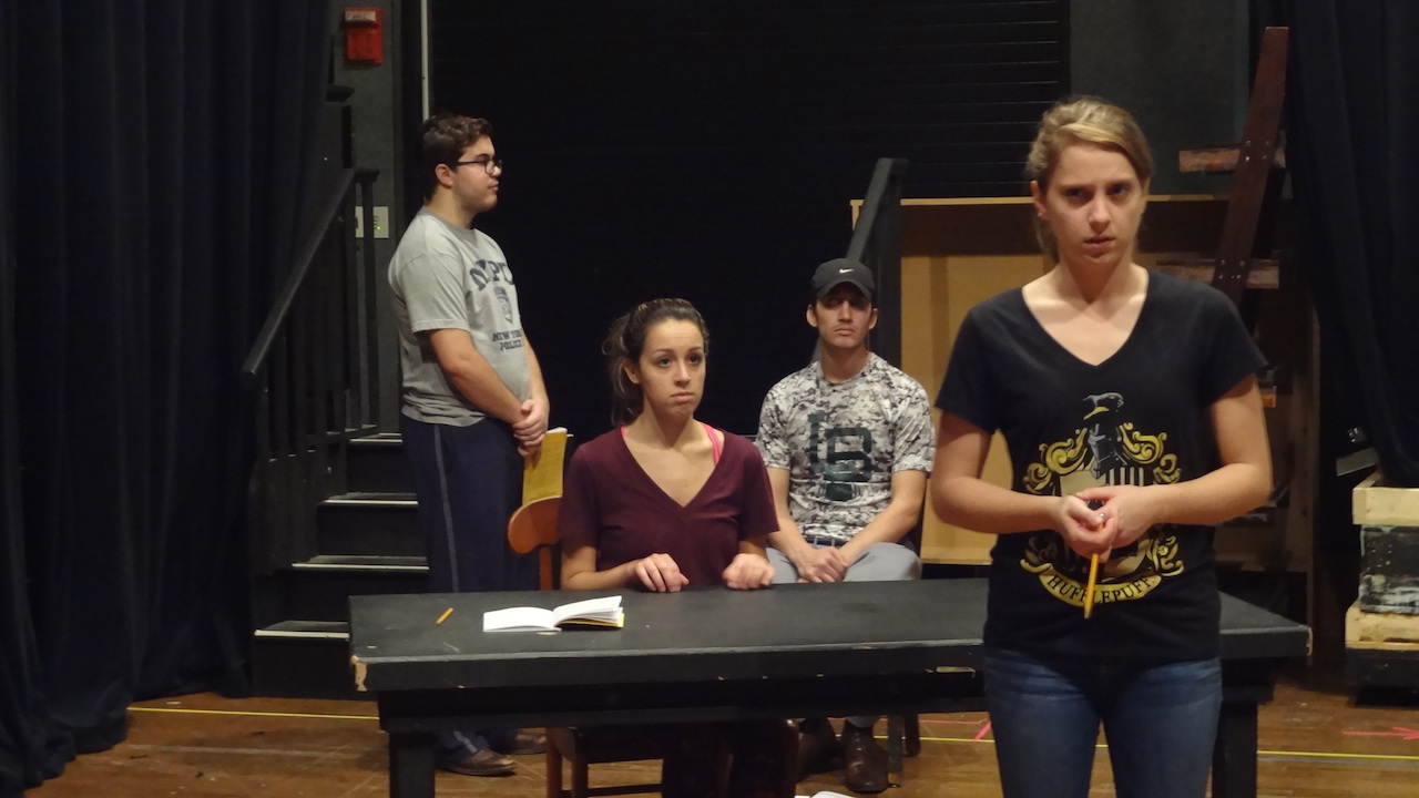 Rehearsing for The University of Scranton Players’ production of “Hannah & Martin” by Kate Fodor, which will run Nov. 3-5 and Nov. 10-12, are, from left: Nicolas Gangone, Julia Consiglio, Mitchell Demytrk, and Ali Basalyga.