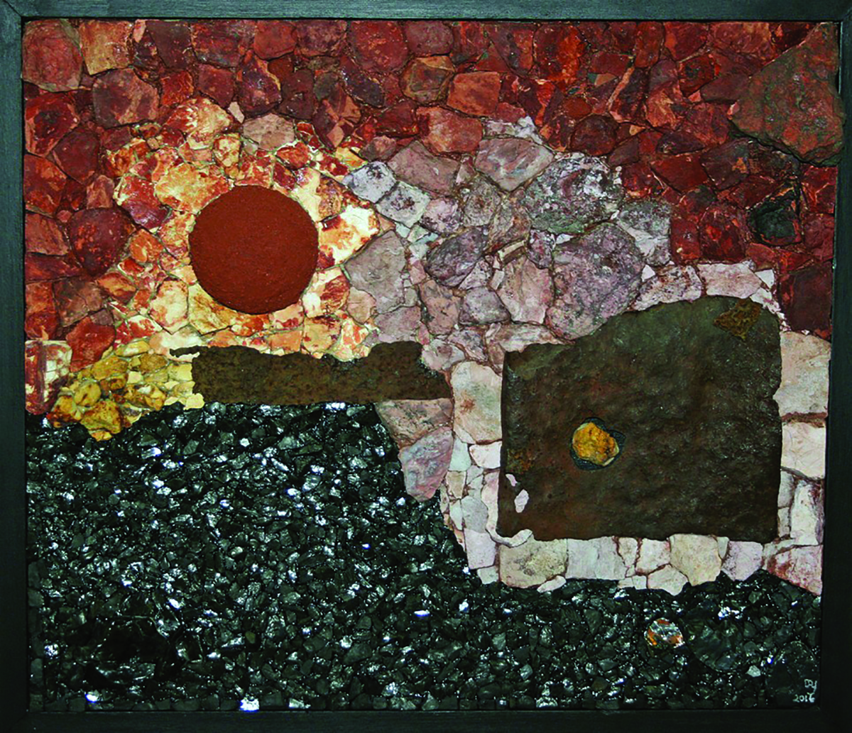 “Marvine Sunset” (mixed media) is among the works of Scranton native Denis Yanashot, who uses coal silt, burnt ash and scrap metal from abandoned coal processing plants to create pieces of art, which will be featured in a First Fridays public reception on Oct. 6, from 6 to 8 p.m. at The University of Scranton’s Hope Horn Gallery.