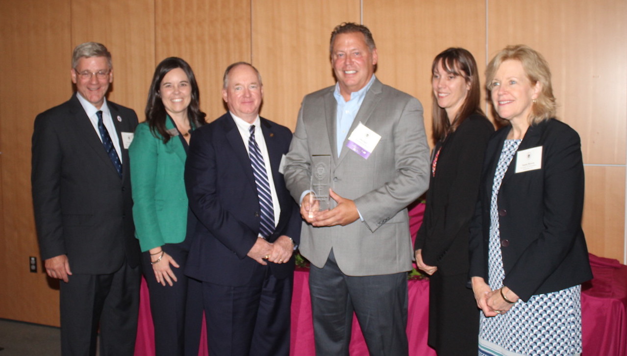 The University of Scranton recognized Mulrooney and Sporer Electrical Contractors as its 2017 Business Partner of the Year. Pictured at the 12th annual Business Partner Appreciation Dinner are, from left: Edward J. Steinmetz, senior vice president for finance and administration at the University; Melissa Starace, Ed.D., interim vice president for University advancement; James Caffrey, associate vice president for facilities operations at the University; Jim Egan, vice president Mulrooney and Sporer; Patricia Tetreault, associate vice president for human resources at the University; and Susan G. Bowen, chief information officer at the University.