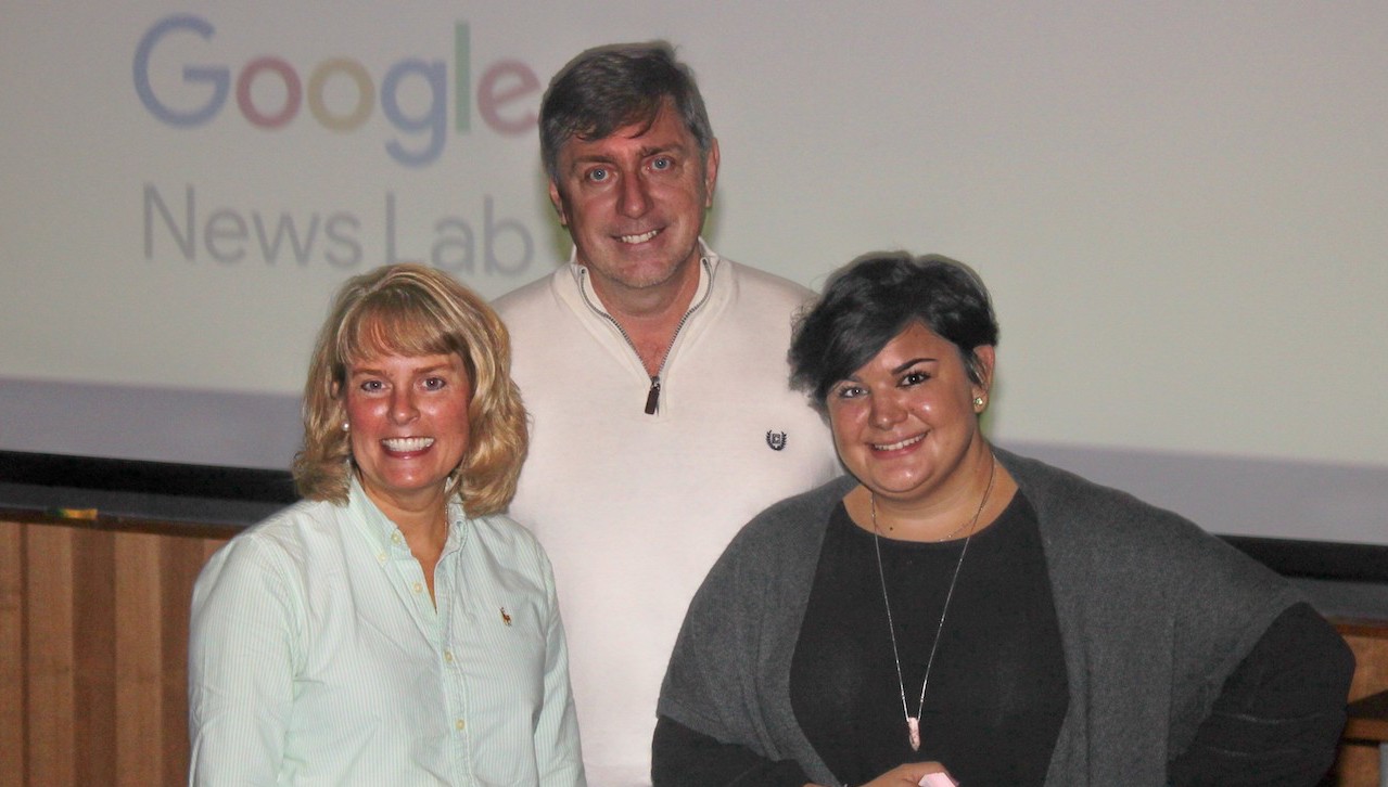 The University of Scranton’s Department of Communication and the Society of Professional Journalists presented “Google News Lab Training with Vix Reitano” on campus recently. From left are University of Scranton communication professors Kim Pavlick, Ph.D., and Matthew Reavy, Ph.D., and Vix Reitano, founder and CEO of CreatiVix Media who presented the training session.