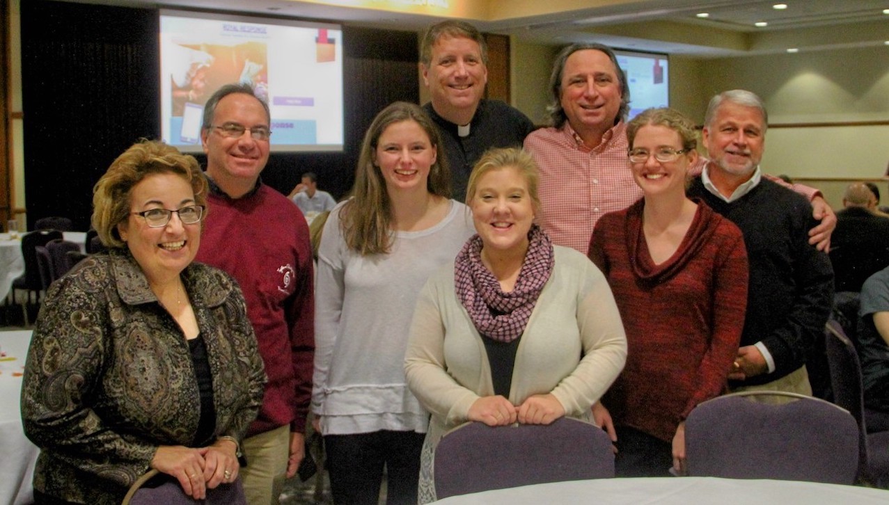 Members of the University’s Disaster Relief Steering Committee gather at a community luncheon fundraiser to support relief efforts for those impacted by natural disasters in Texas, Louisiana, Florida, California, Puerto Rico and Mexico City. Front row, from left: Patricia Vaccaro, steering committee co-chair and director of Campus Ministries’ Center for Service and Social Justice; and Alexandra Maier, assistant director of annual giving. Middle row: Stan Zygmunt, director of news and media relations; University student Maeve Potter ’18, Rye, New York; and Jennifer Schwartz, DPT, faculty specialist in the Physical Therapy Department. Back row: Rev. Patrick Rogers, S.J., steering committee co-chair and executive director of the Jesuit Center; Toby Lovecchio, associate director of athletics; and Mark Murphy, director of sustainability. Committee members absent from photo are: University students Morgan Fetsock ’21, Scranton, and Rose Rosado Hernandez ’18, Bronx, New York; Rose Merritt, office manager, counseling center; and Helen Wolf, Ph.D., executive director for Campus Ministries.