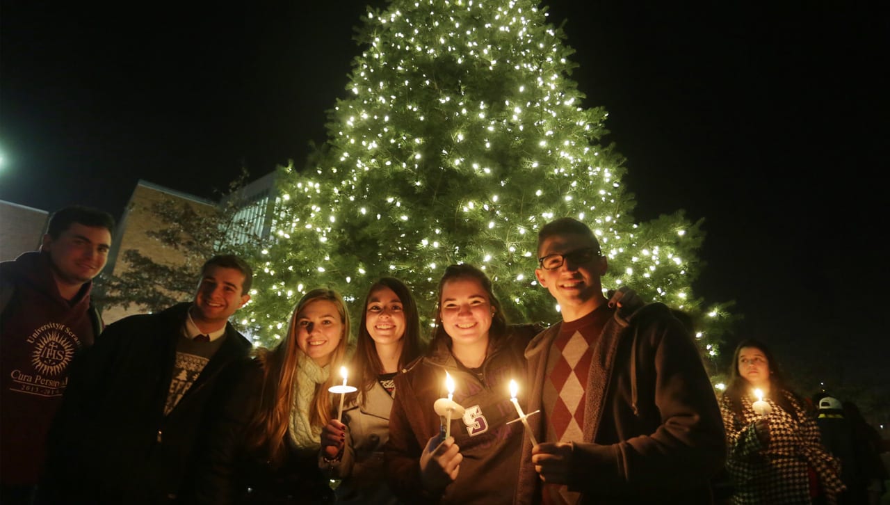 Students Gather On The Dionne Green in December 2015 For The Annual Christmas Tree Lighting Celebration.